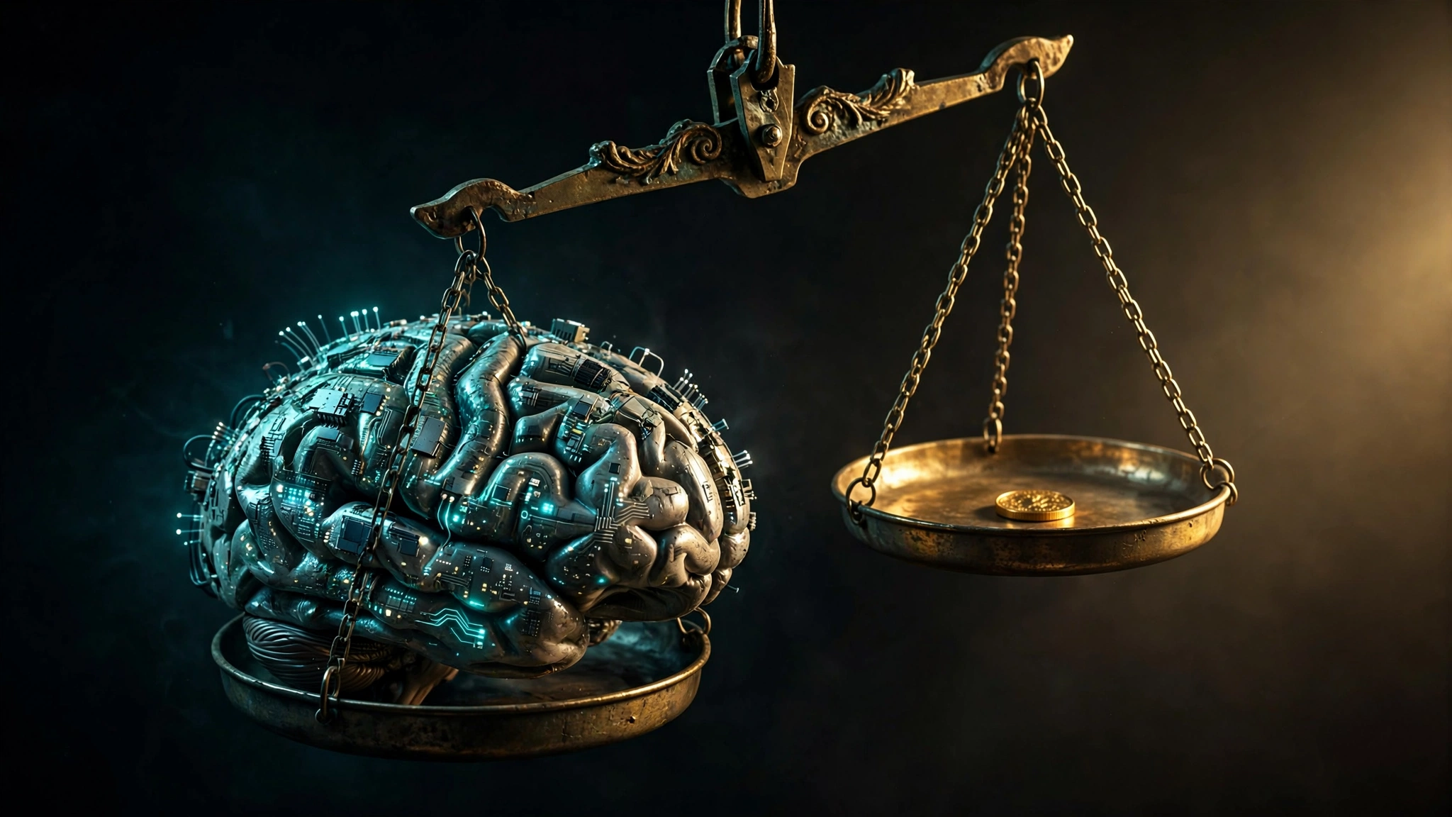 A brass balance scale weighing a glowing artificial brain against a single tiny golden coin