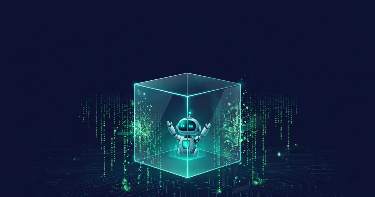 A small AI agent figure inside a translucent glass sandbox cube, code drifting past outside the glass walls