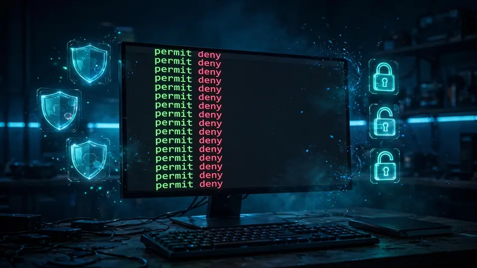 A glowing terminal showing policy verdict lines, some green permit and some red deny