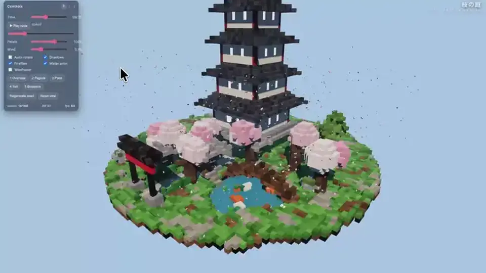 A voxel pagoda garden generated in one shot by Qwen3.8-Flash-Next running on an RTX 5070 under Strata