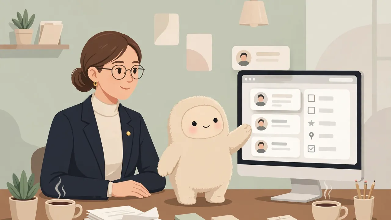 Illustration of an AI companion helping a recruiter sort candidate profiles in a browser