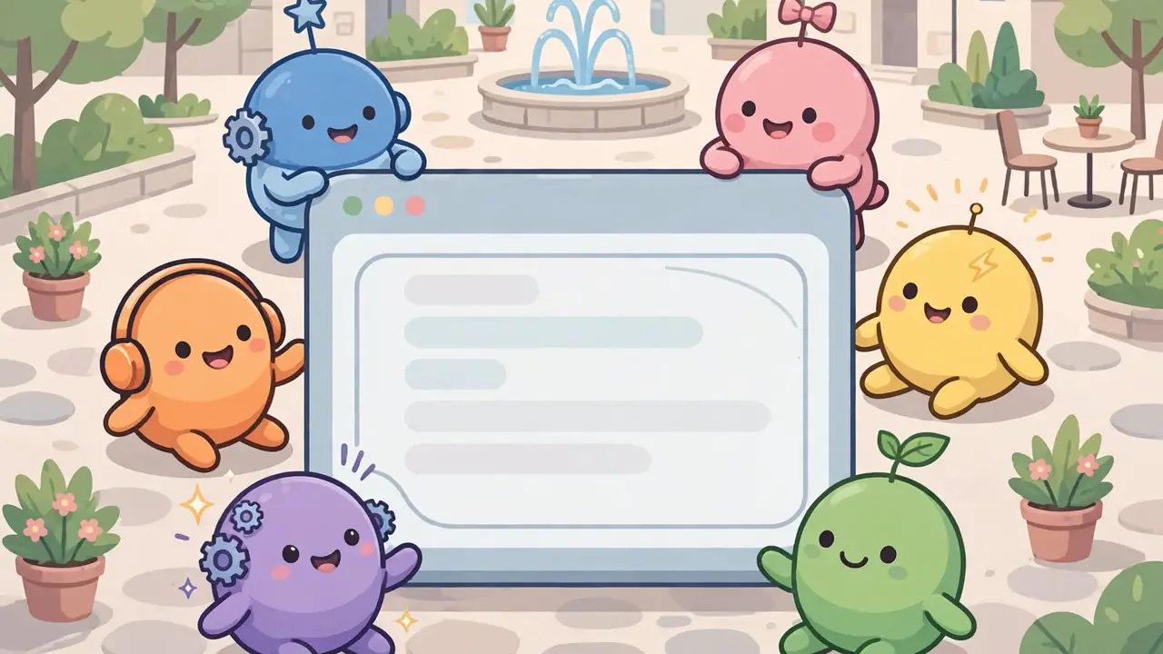 Illustration of small colorful AI companion characters gathered around a browser chat box