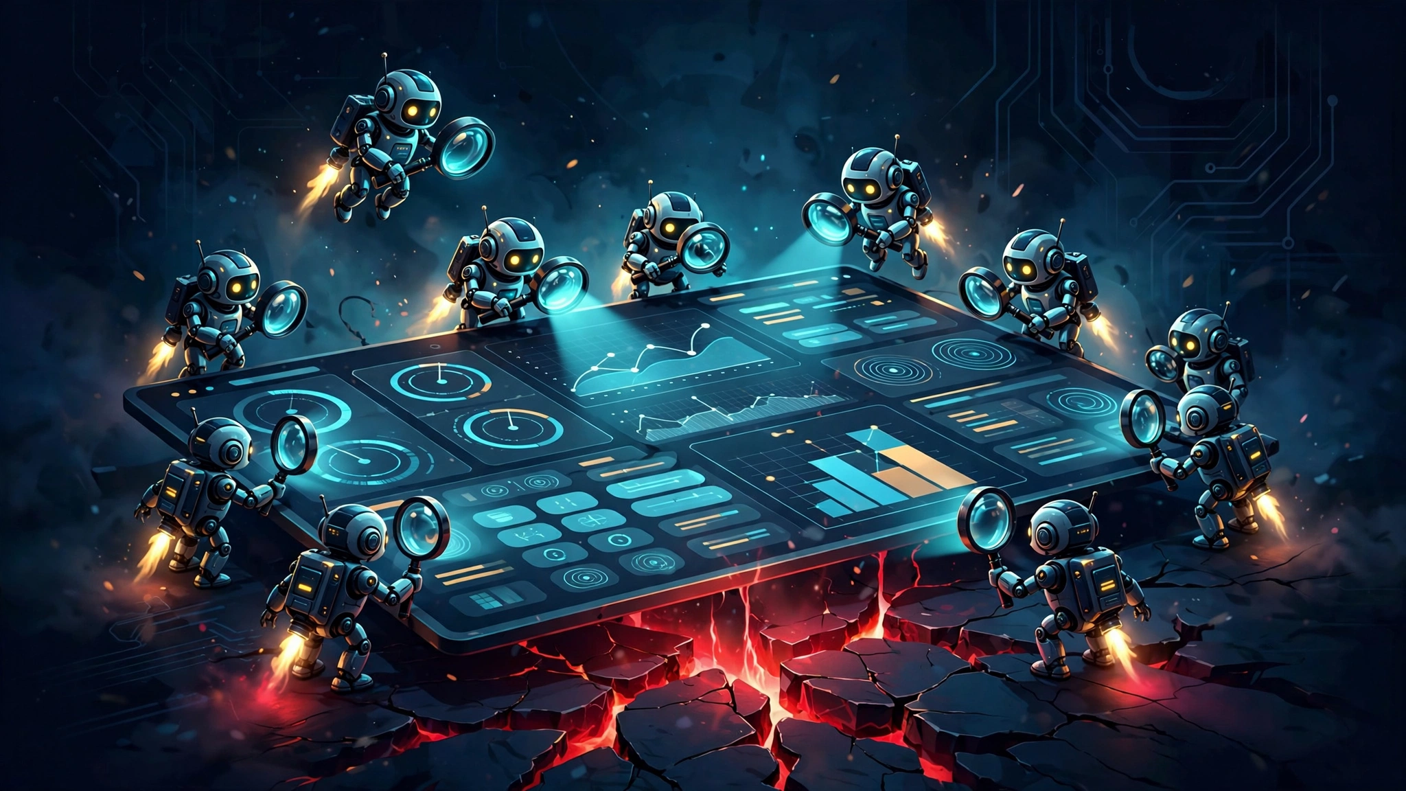 Dramatic illustration: a swarm of glowing autonomous agents probing a stylized web application inside a containment dome, exploits visualized as light trails