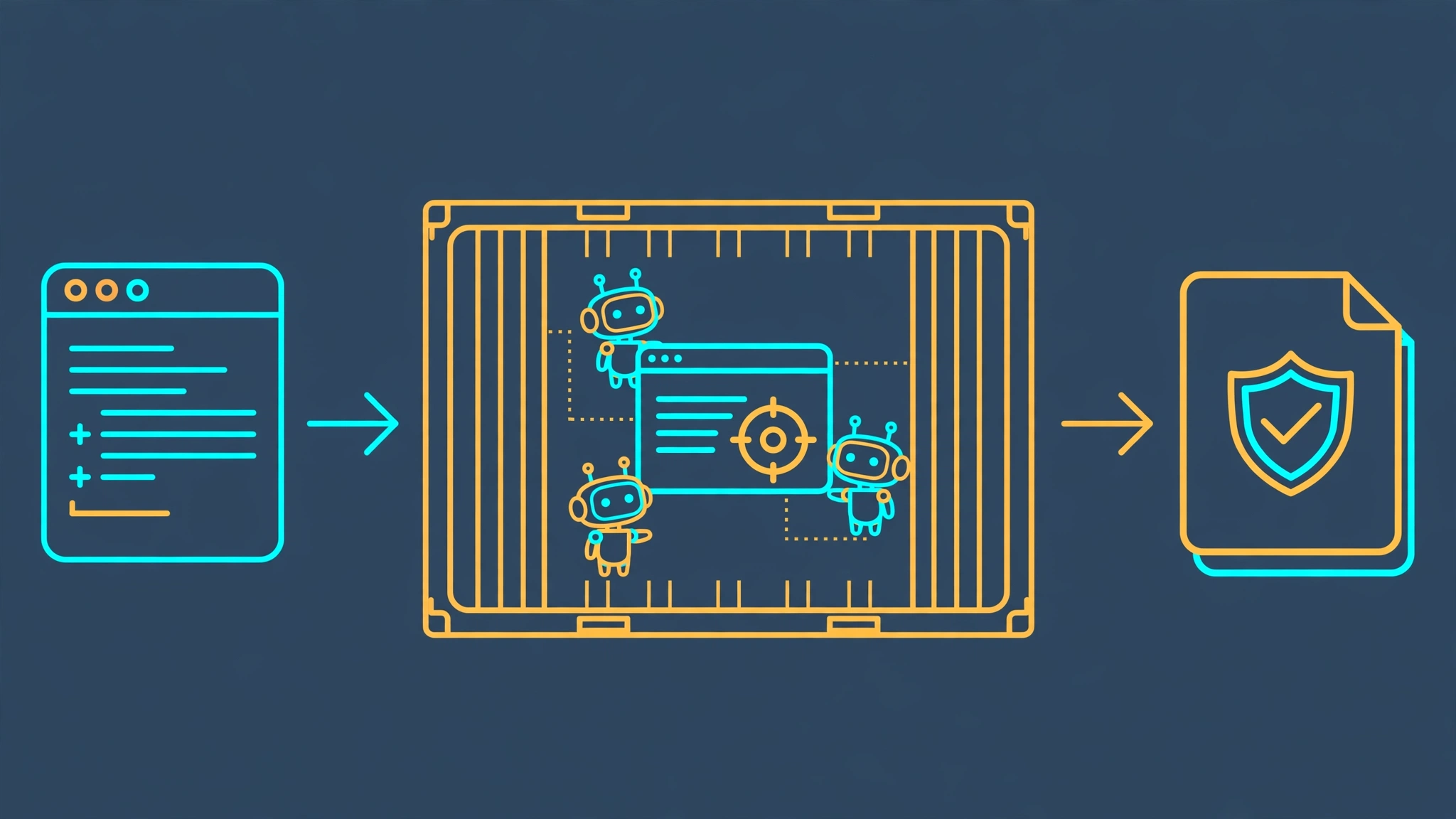 Diagram: a CLI command fans out into multiple AI agents inside a Docker sandbox, each firing verified exploits at a target app, with validated findings flowing into a report