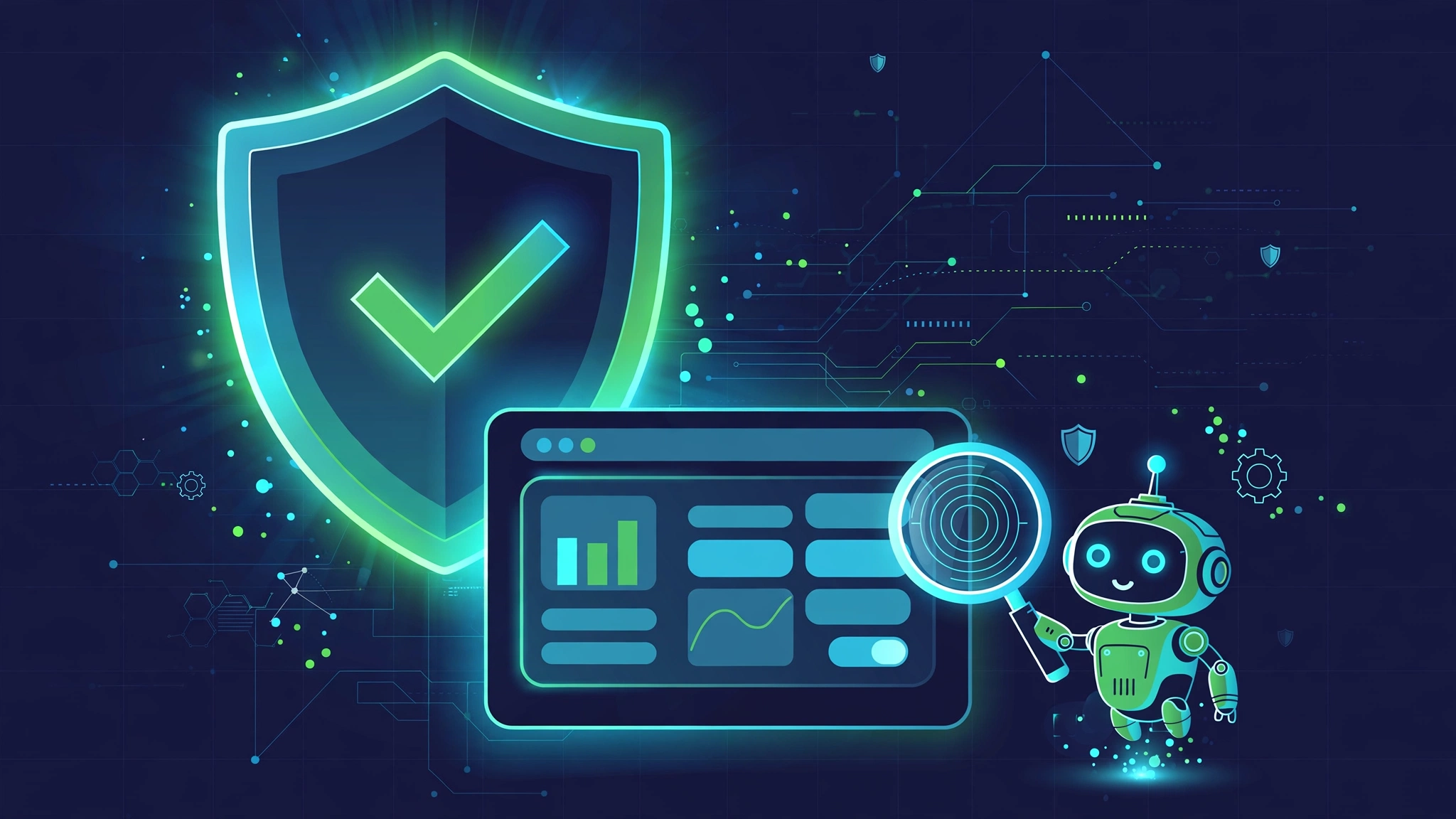 Illustration: a developer reviewing a security report dashboard showing severity-ranked vulnerabilities with proof-of-concept badges, a CI pipeline gate beside it