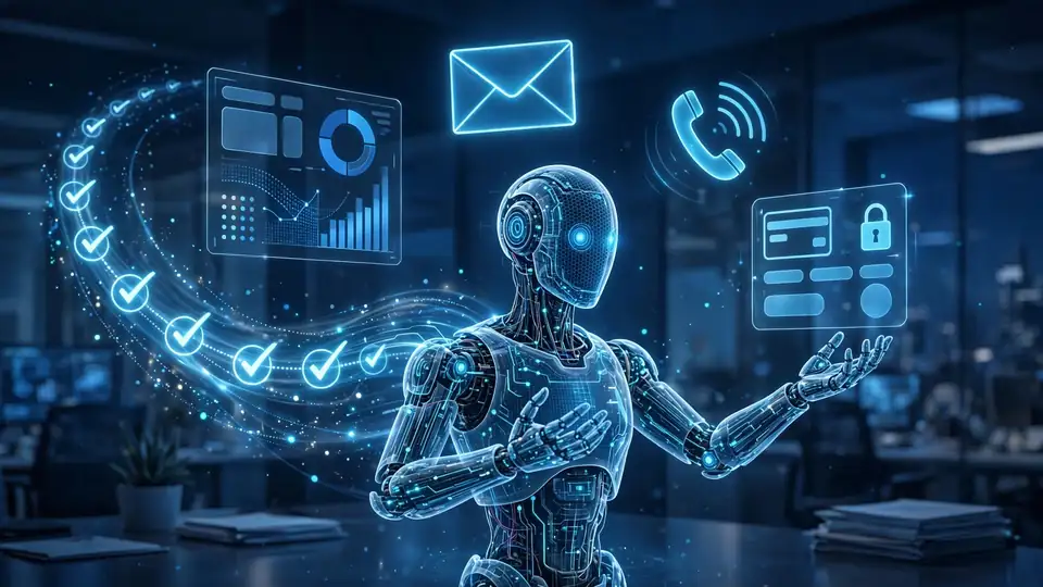 An AI agent hologram juggling enterprise software windows, email, phone icons and a payment portal screen.