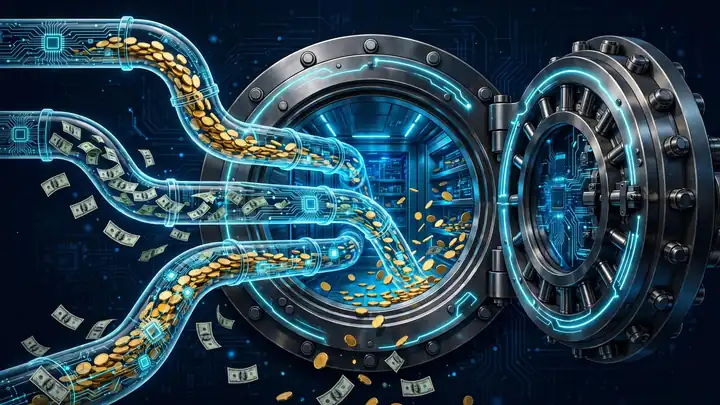 A glowing vault door with rivers of coins flowing into it through digital pipelines.