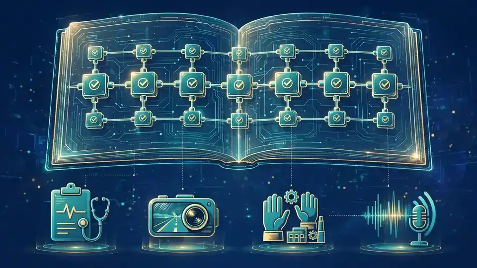 Abstract illustration of an onchain registry of AI training data records