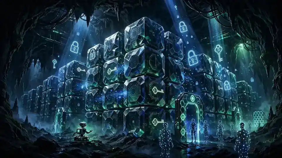 Abstract illustration of a decentralized storage vault for AI datasets