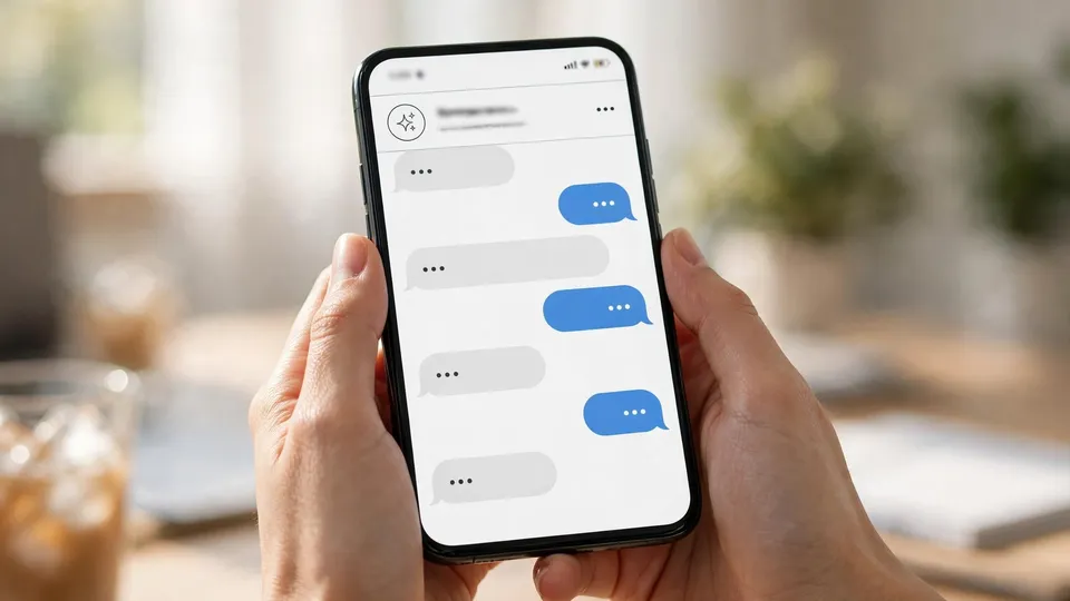 Hands holding a smartphone showing a chat conversation with an AI assistant