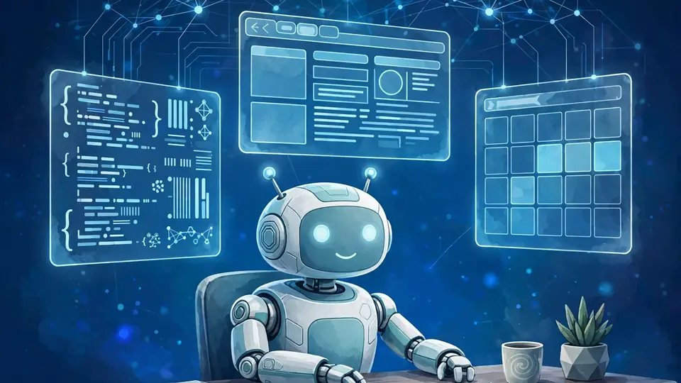 Concept illustration of an autonomous AI agent multitasking across screens