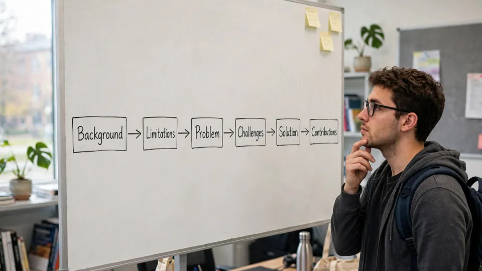 Whiteboard showing the six-paragraph introduction flowchart: Background, Limitations, Problem, Challenges, Solution, Contributions