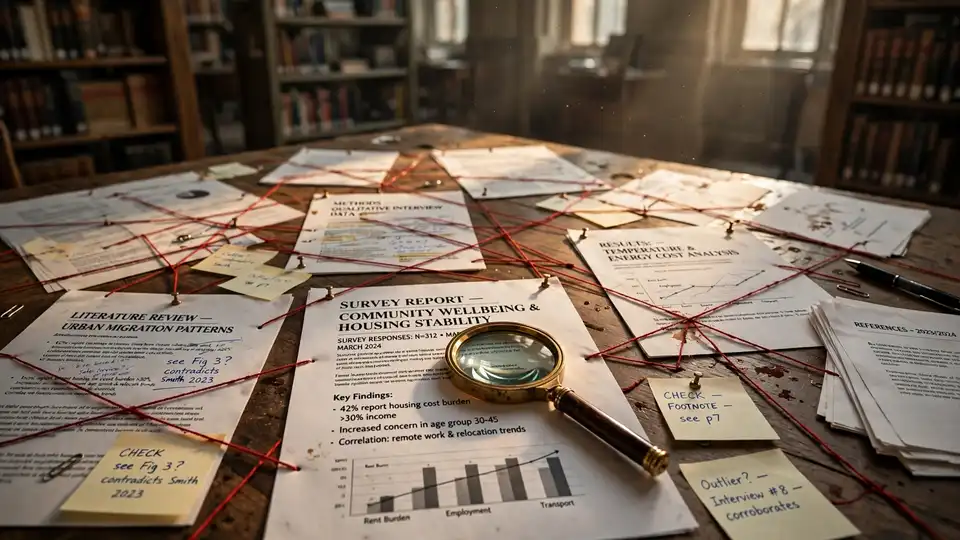 Literature investigation board: research papers pinned with red thread, a survey report and magnifying glass on a library table