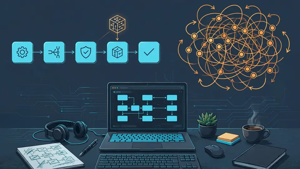 A deterministic AI workflow diagram of modular behavior blocks contrasted with a chaotic tangle of autonomous agent loops