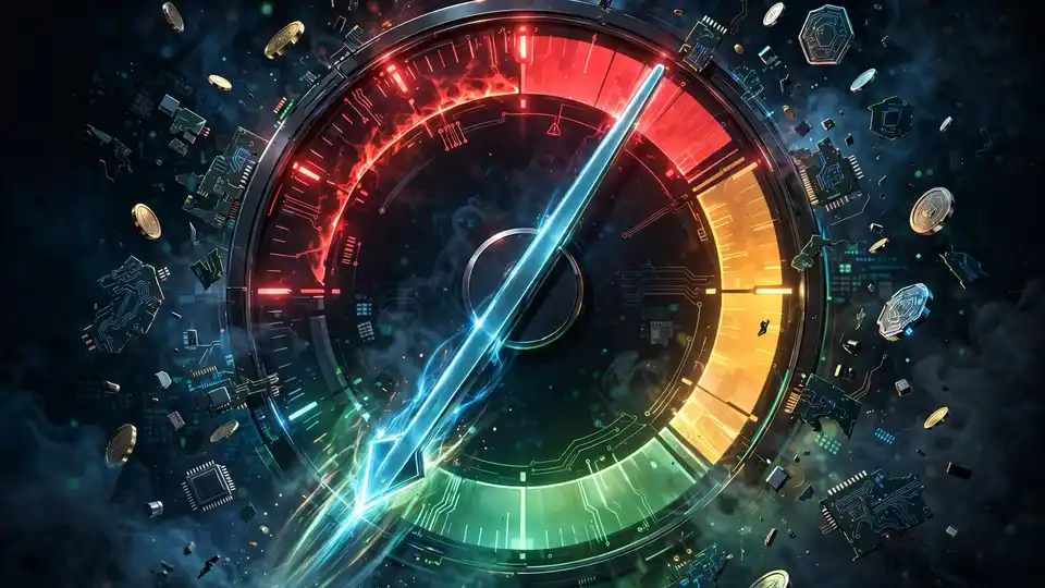 A token-cost gauge dropping from a high red zone toward a low green zone as tokens fade into mist