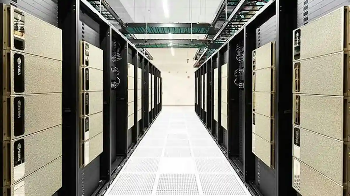 Rows of server racks in a data center