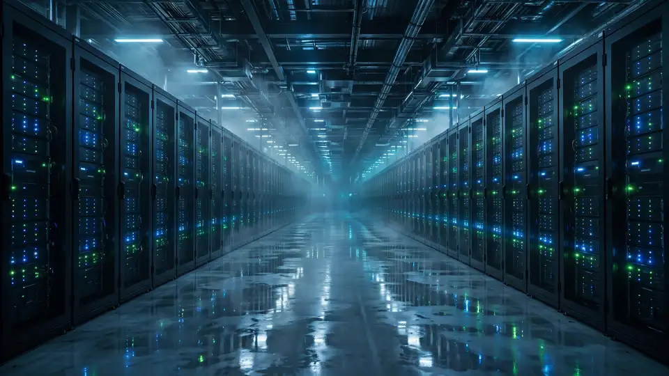 A hyperscale data-center hall with rows of server racks glowing blue