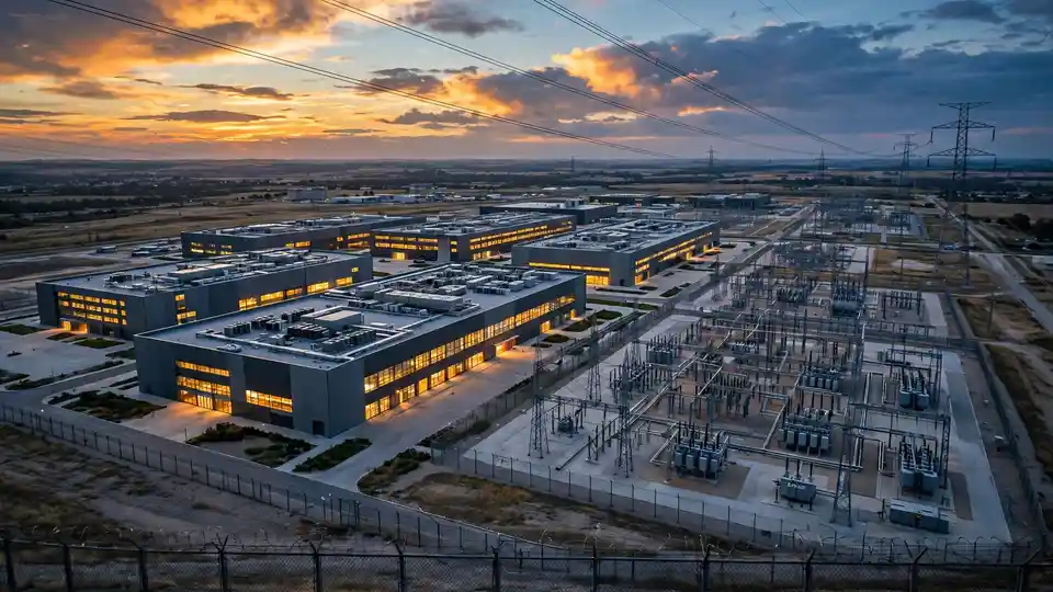 An aerial dusk view of a data-center campus next to a power substation