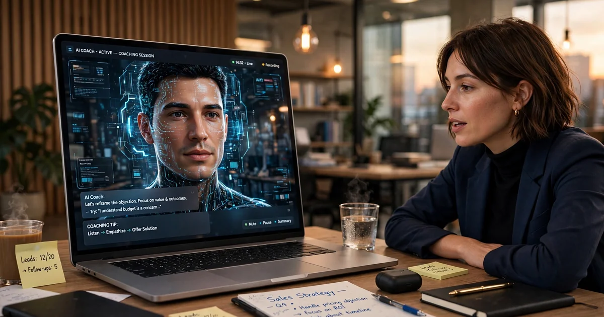 A woman talking to a lifelike AI avatar coach on a laptop screen during a sales coaching session