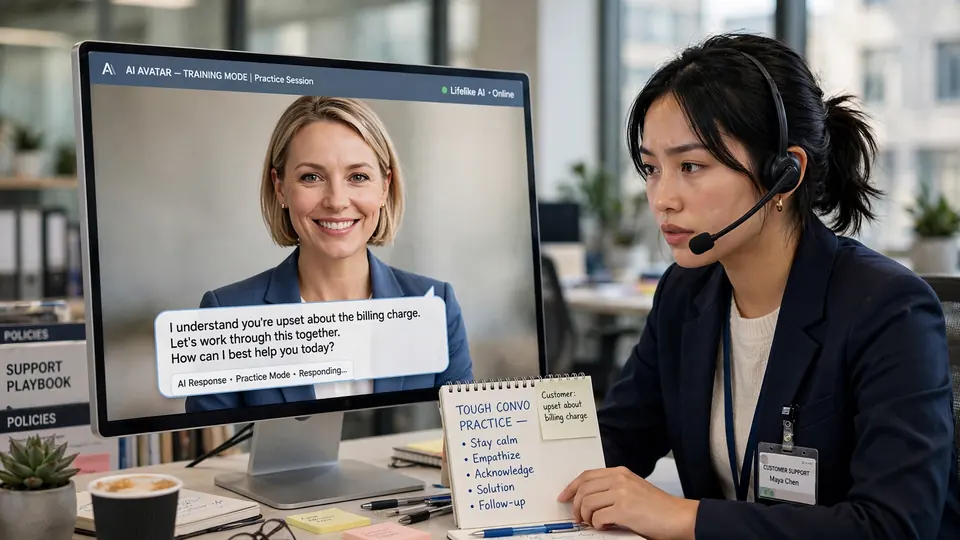 A support employee practicing a tough customer conversation with a lifelike AI avatar on a monitor