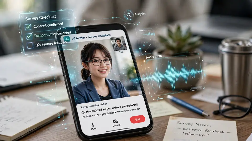 A smartphone showing an AI avatar conducting a survey interview, with follow-up and analytics visuals