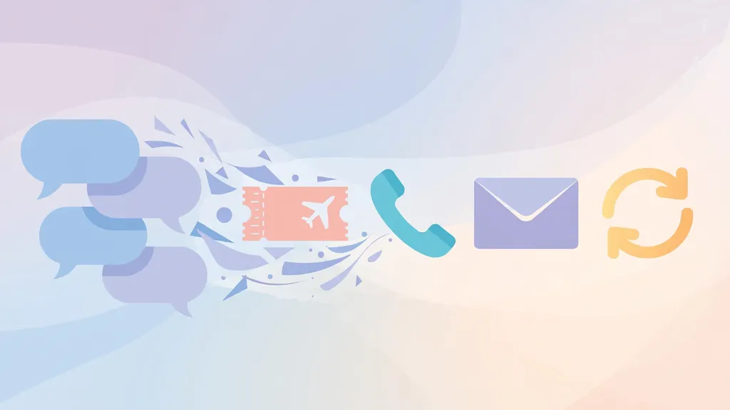 Messaging bubbles transforming into action icons: a plane ticket, a phone call, an email, a wire transfer.