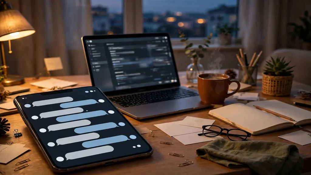 A phone showing a chat thread beside a laptop on a desk, warm light.
