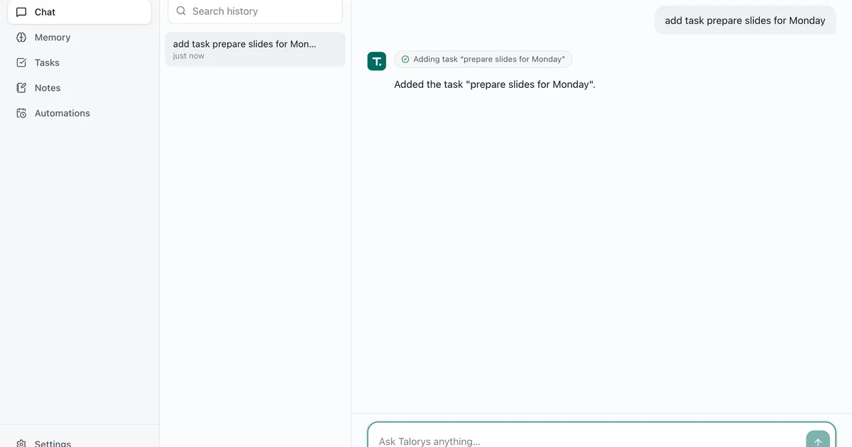 The Talorys chat interface adding a task from a plain chat message