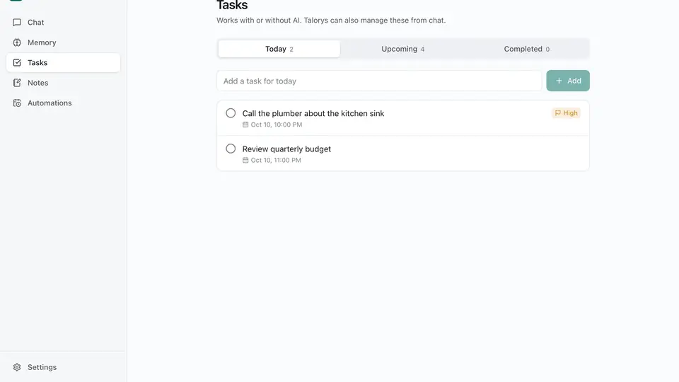 The Talorys tasks view showing tasks managed from chat and the UI
