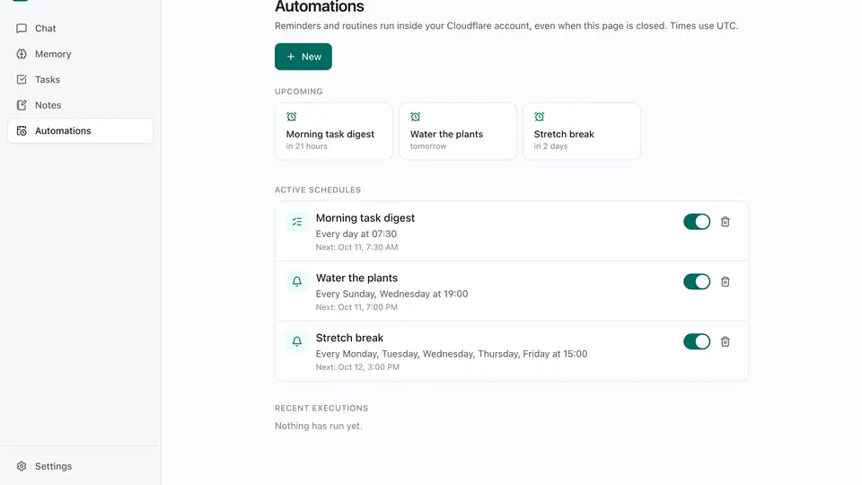 The Talorys automations view showing scheduled reminders and routines