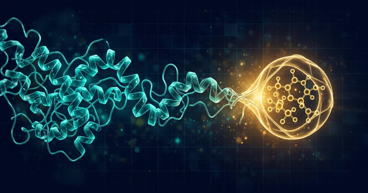 Editorial illustration of a tangled glowing protein chain converging into a luminous pocket where a small-molecule drug docks