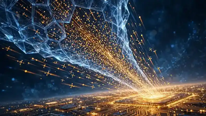 Editorial illustration of glowing molecule streams rushing through a crystalline funnel toward a glowing horizon, evoking ultrafast AI virtual screening