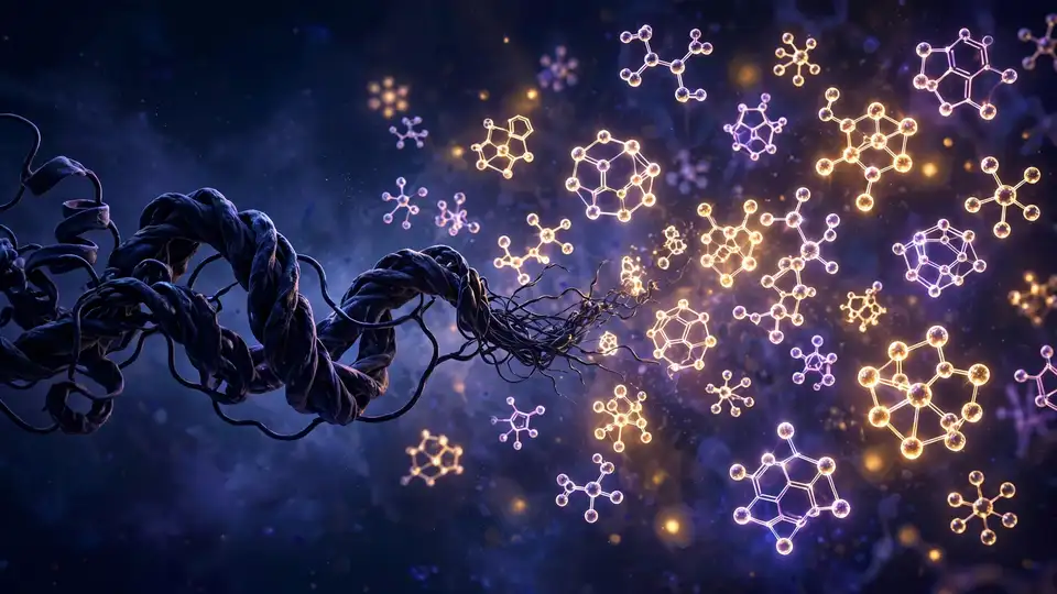 Editorial illustration of a dark protein ribbon unwinding into a field of glowing novel chemical structures, evoking previously undruggable targets opening up