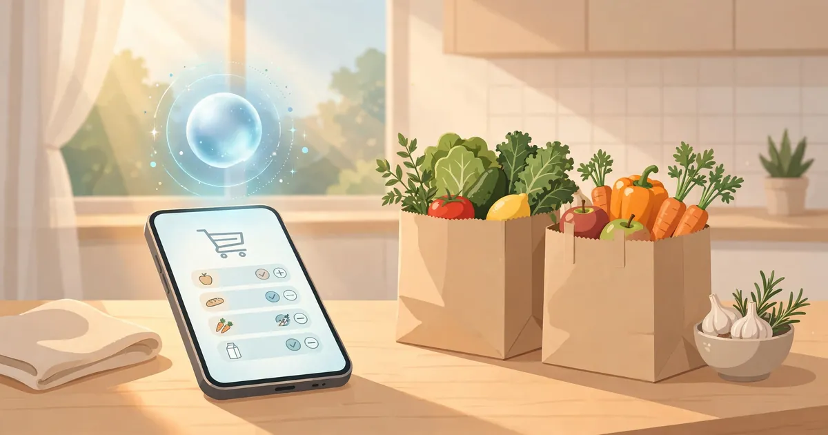A phone showing a grocery cart beside paper bags of fresh produce, with a glowing AI assistant orb above it