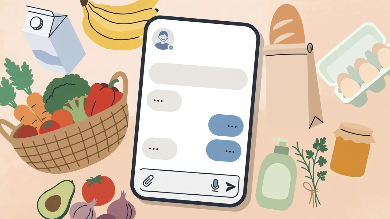 A phone showing a shopping conversation beside groceries and a basket on a table