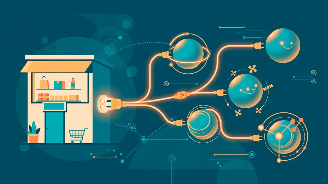 An online storefront linked by glowing connectors to abstract AI assistant orbs