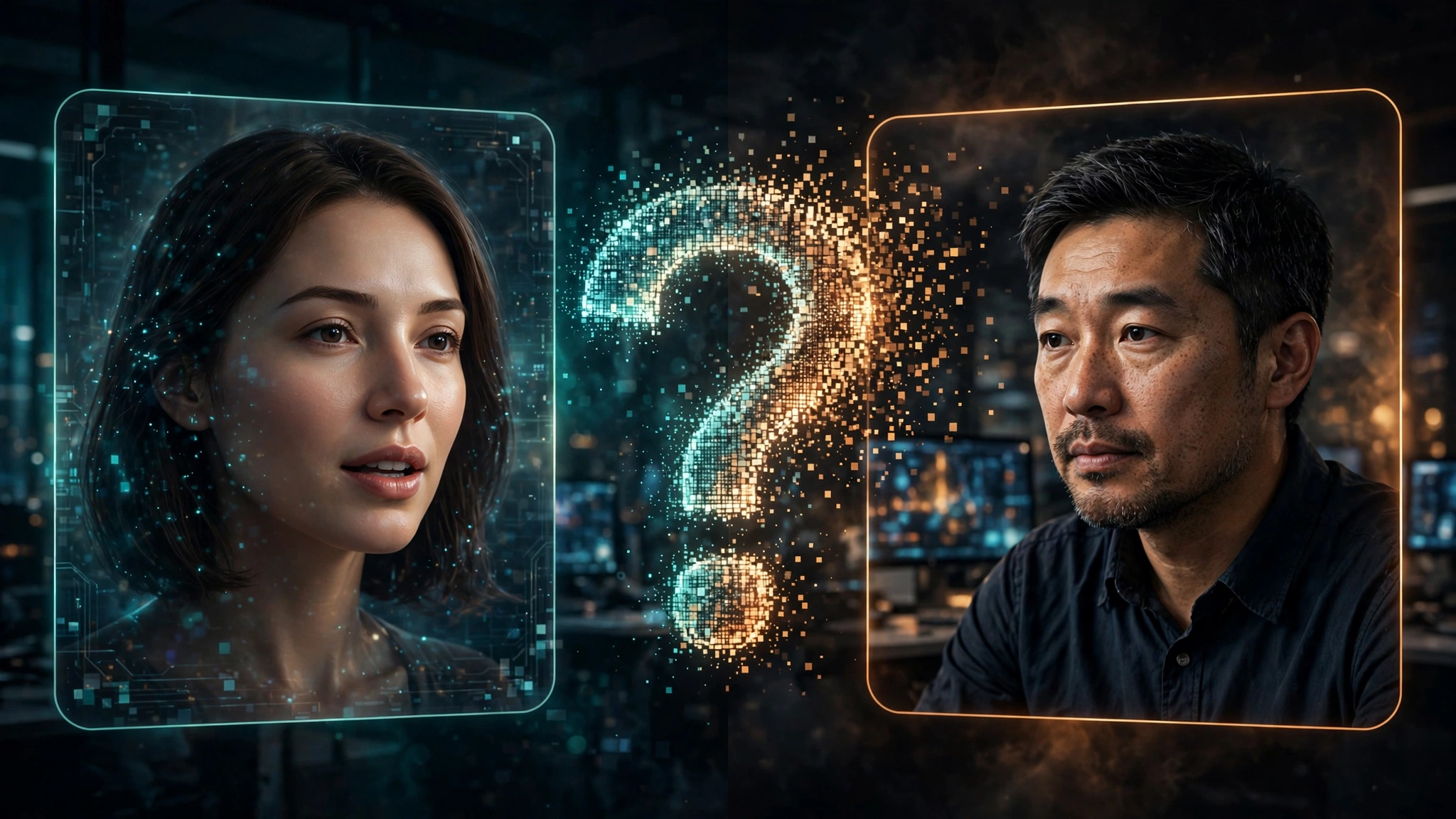 Editorial illustration: an AI video-call face and a real person facing each other across a glowing pixelated question mark, symbolizing the video Turing test