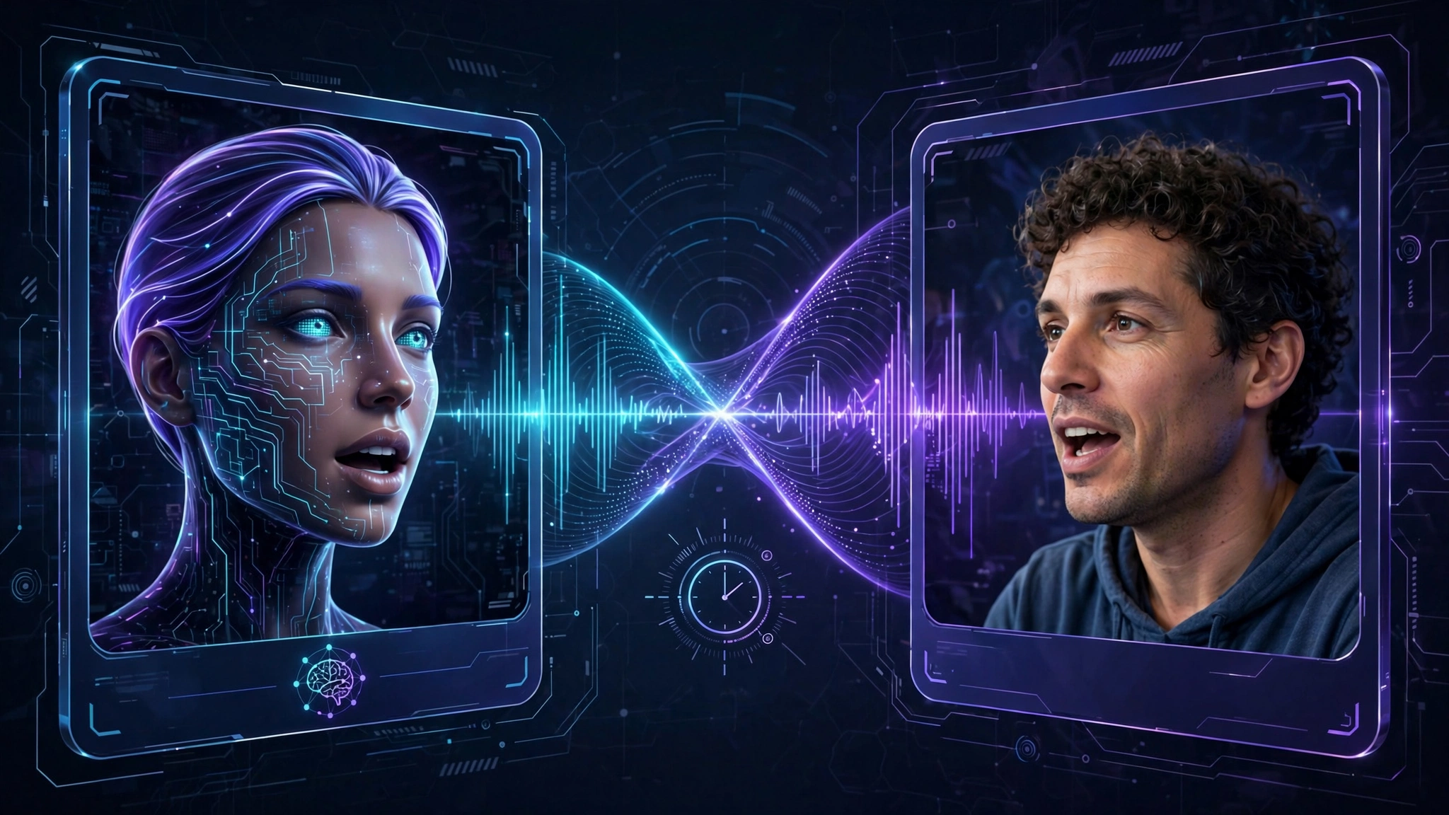 Editorial illustration of a full-duplex video call between an AI avatar and a person, with overlapping speech waveforms