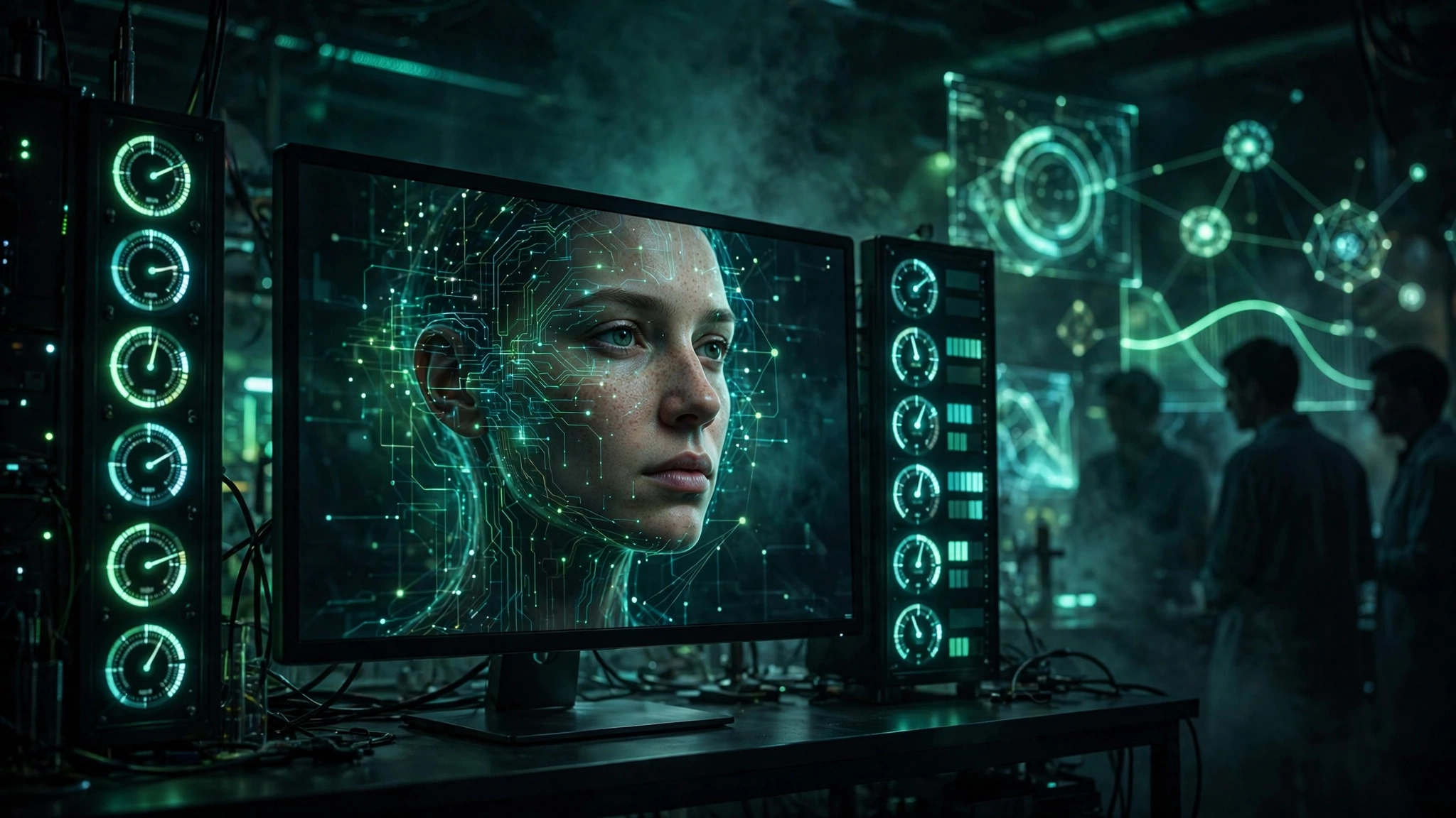Editorial illustration of an AI lab monitor displaying a synthetic human face beside benchmark gauges