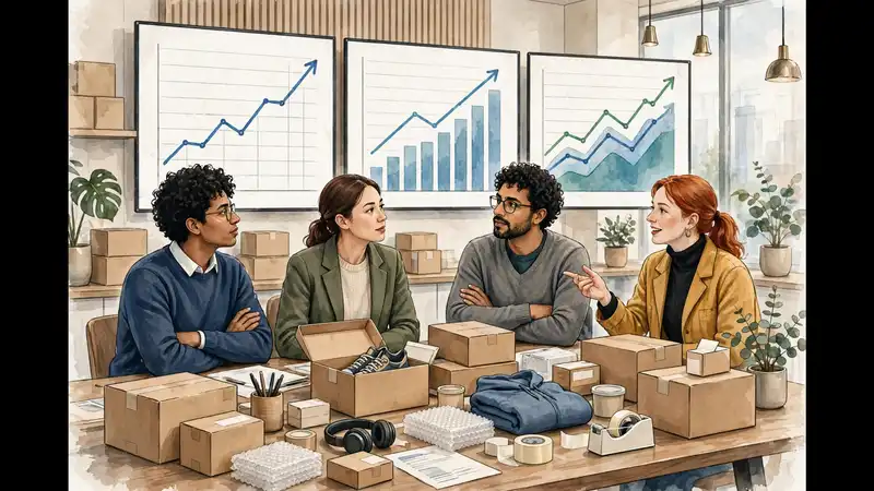 Marketing team reviewing cross-border ecommerce campaign performance