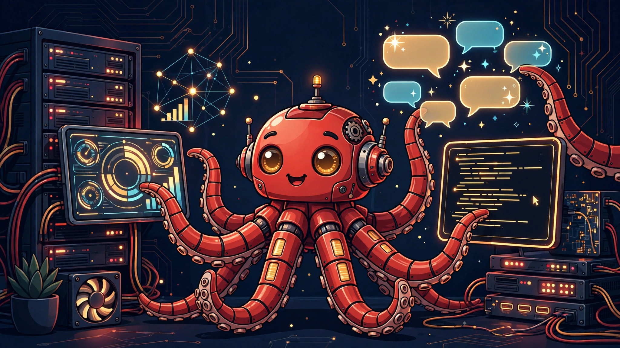 Editorial illustration: a friendly red octopus robot at a home server, its tentacles operating a glowing web dashboard, a terminal window, and floating chat bubbles, dark navy with red and amber accents