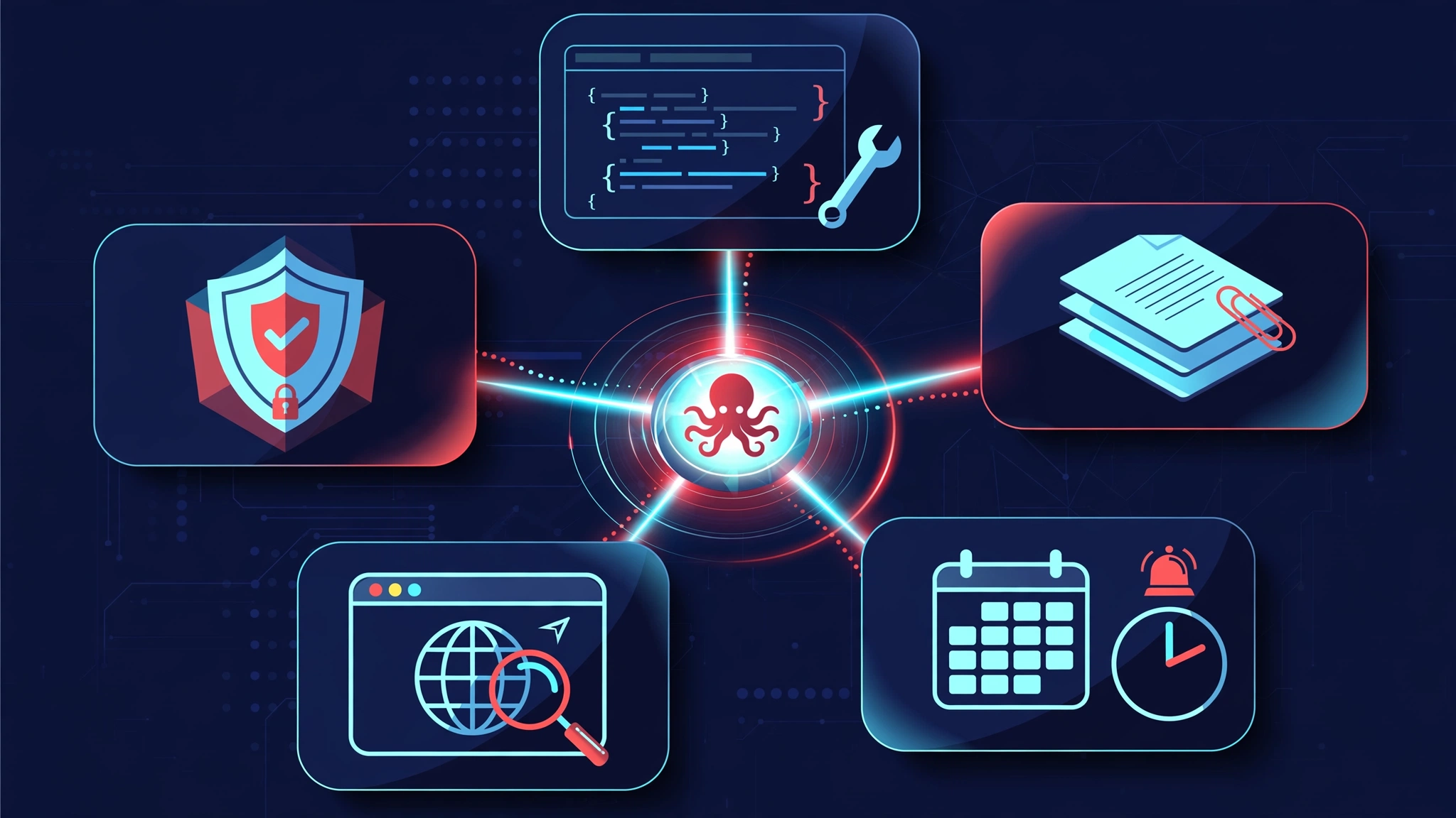 Illustration of a single self-hosted hub fanning out to a team of specialized AI expert agents, each in its own workspace