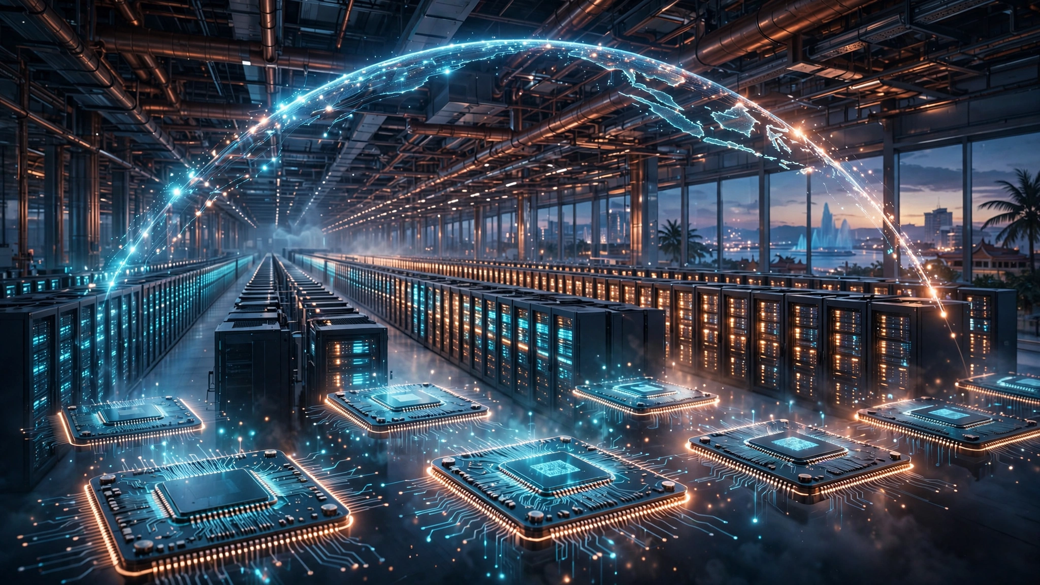 Editorial illustration of a data center hall with rows of server racks and AI chips, a glowing arc of data crossing the Pacific