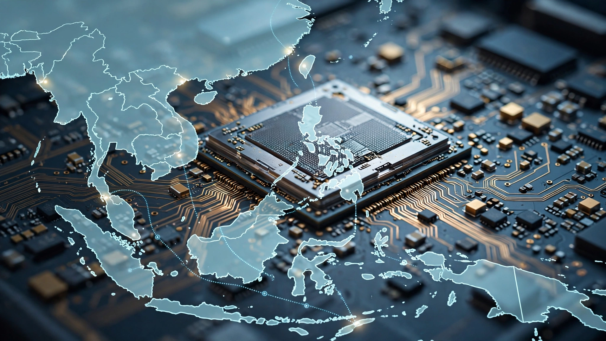 Editorial illustration of an advanced GPU chip on a circuit board with a translucent map of Southeast Asia overlaid