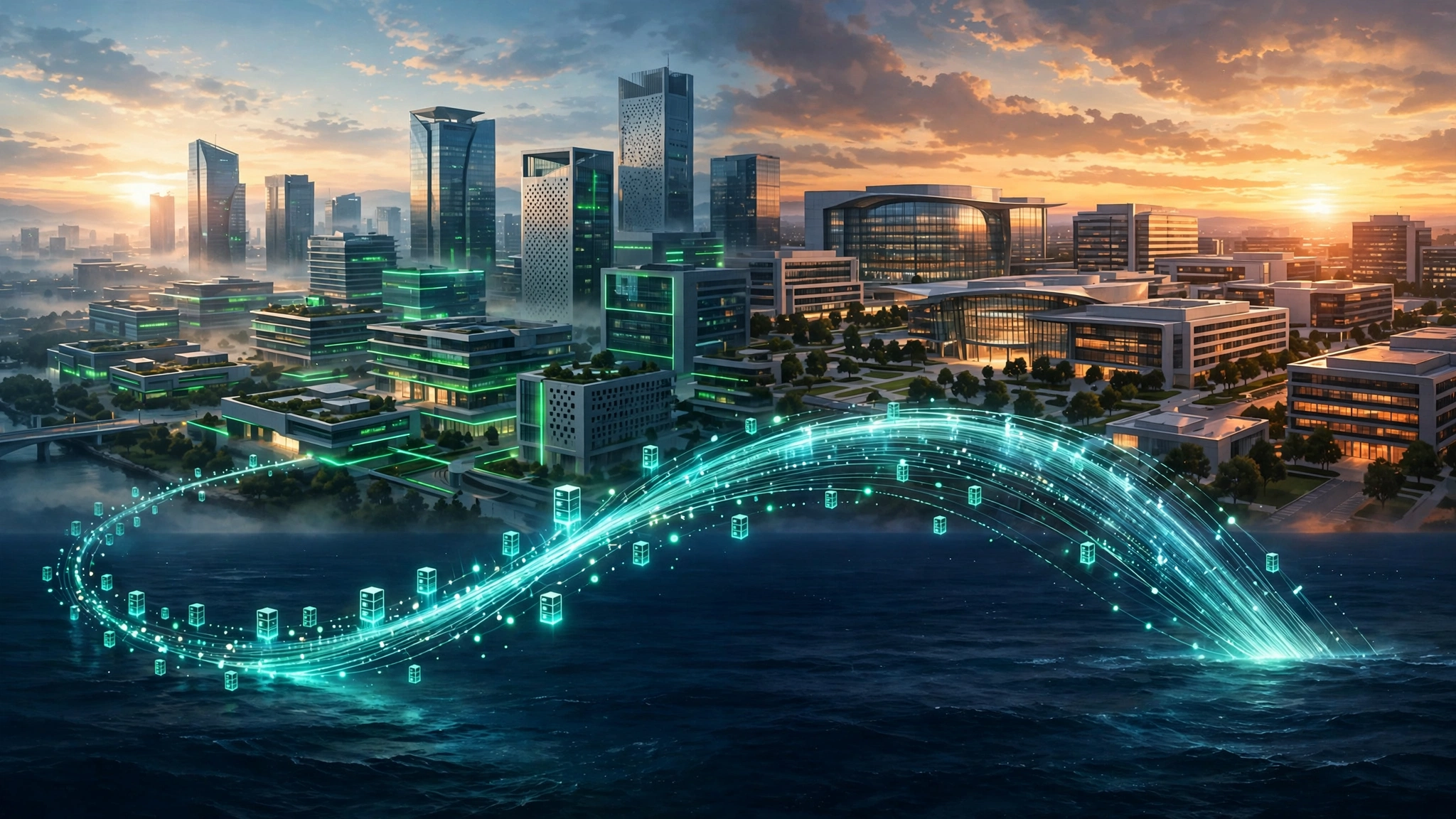 Editorial illustration of a Chinese tech campus and an American cloud headquarters connected by a glowing arc of data across the ocean