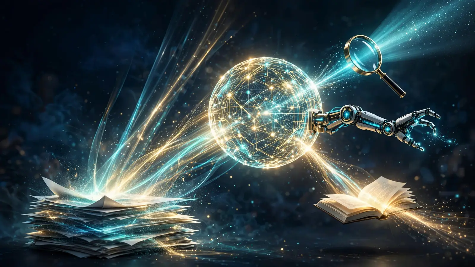 Editorial illustration: a glowing knowledge core with documents flowing into a chat interface, representing WeKnora turning documents into a conversational knowledge base