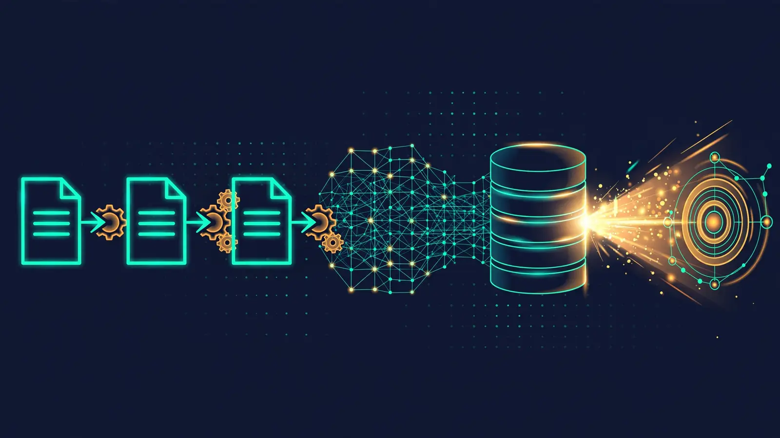 Editorial illustration of the WeKnora pipeline: a document flows through parsing gears into a neural retrieval mesh, landing in a vector database with a search target