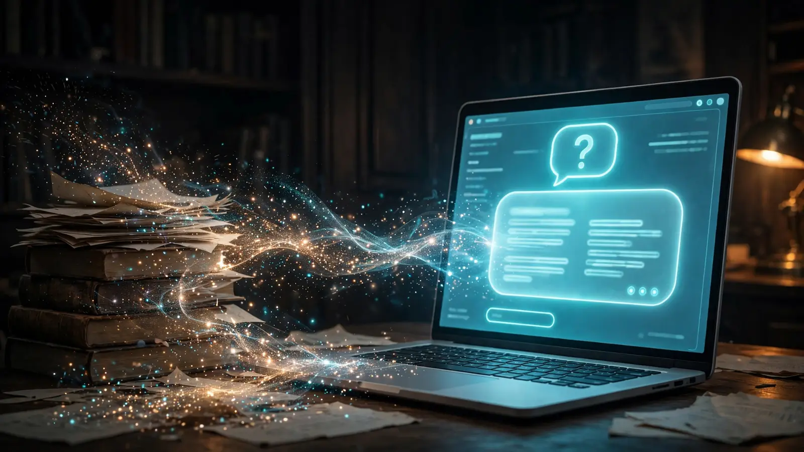 Editorial illustration: books and papers dissolving into a laptop showing a knowledge chat interface, the knowledge base becoming conversational