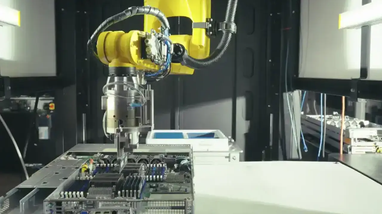 Robotic arms working on an automated electronics assembly line inside a Bright Machines manufacturing environment.