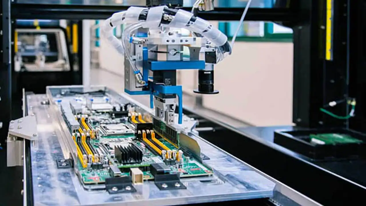 A Bright Machines microfactory with automated electronics assembly stations.